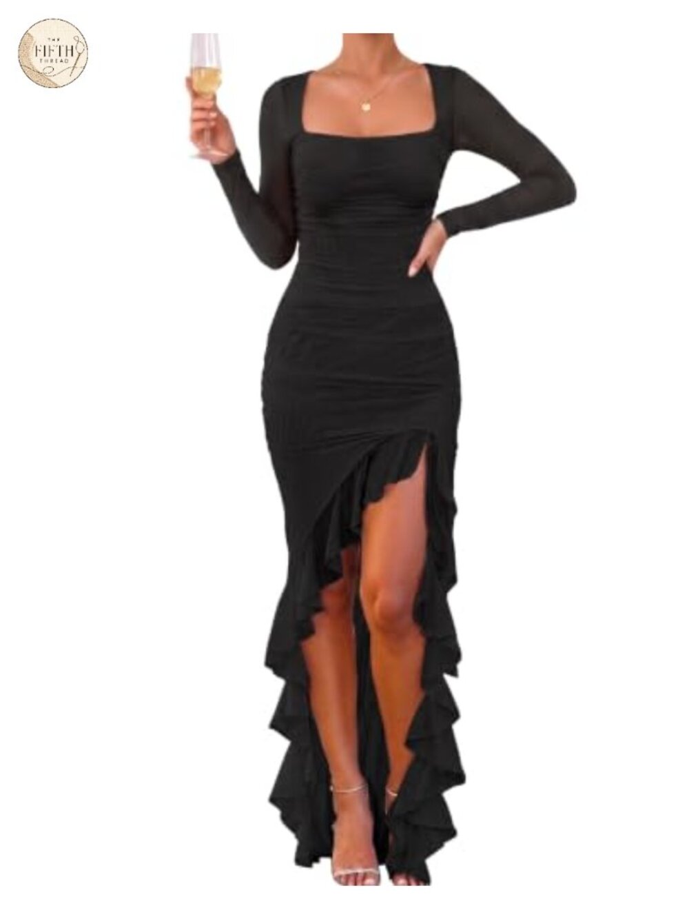 Women's Bodycon Long Sleeve Ruffle Hem Cocktail Maxi Dress High Slit Square Neck